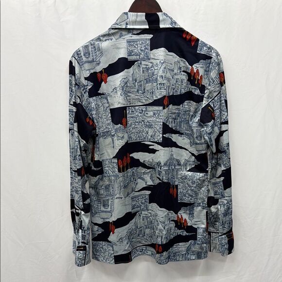 Oleg Cassini Blue and white Casual Button Down Shirt with Artistic Urban Design - Picture 4 of 4